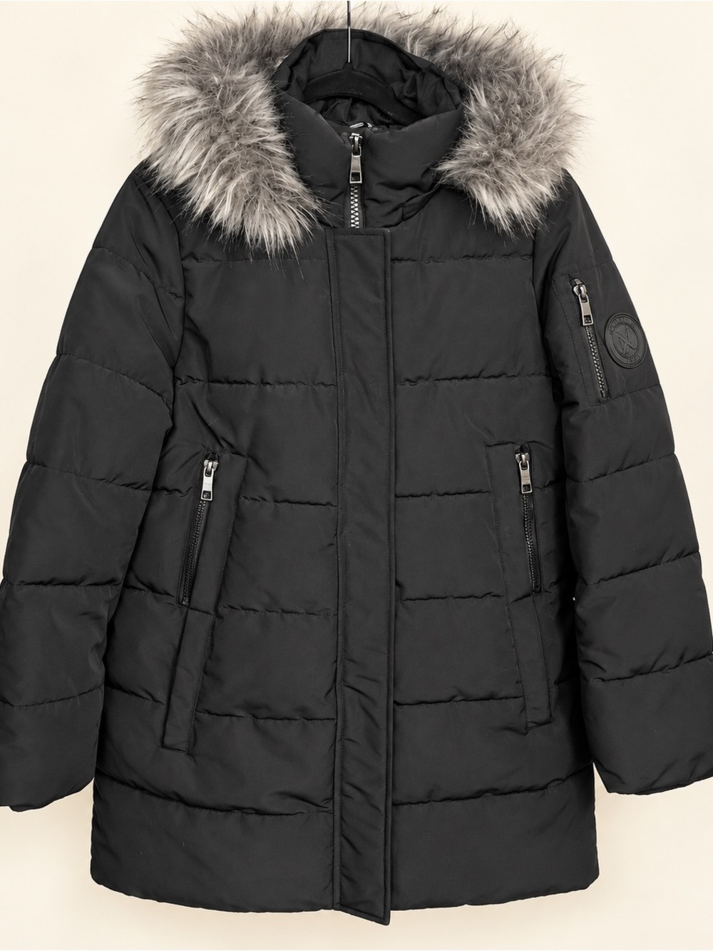 Nautica Black Puffer Coat with Faux-Fur Trim Hood - Like New